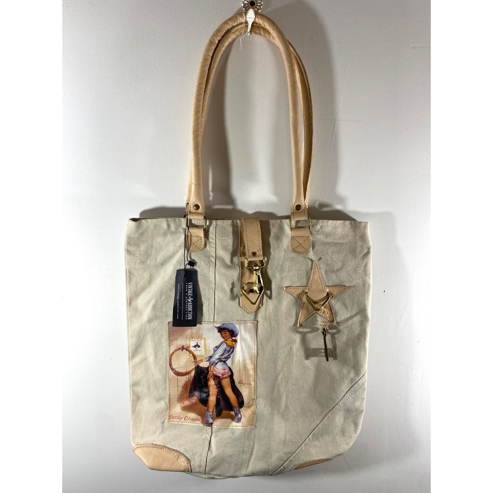 Vintage Addiction Pinup Cowgirl Canvas Leather Tote Bag KI-HB00003-P Lucky Chaps